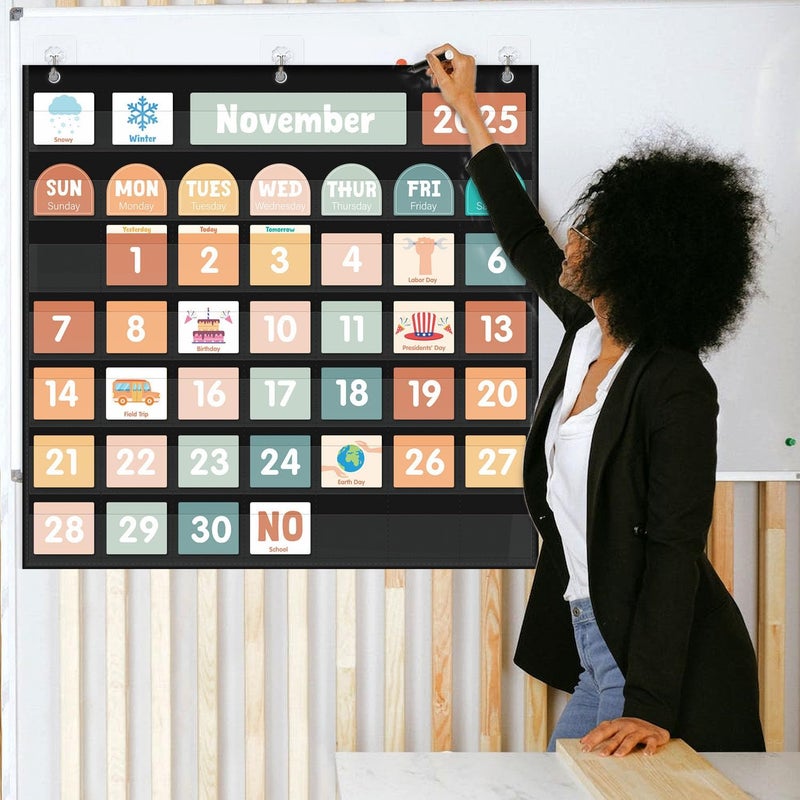 Jenlan Large Calendar Pocket Chart, Calendar Learning Classroom Calendar Pocket Chart with 115 Cards for Classroom Calendar and Weather Pocket Chart for Home Kindergarten Learning(Black) - Image 5